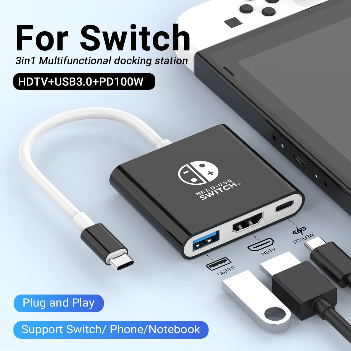 Portable Switch Docking Station TYPE-C Hub with HDMI and USB 3.0 Perfect for Travel and Gaming