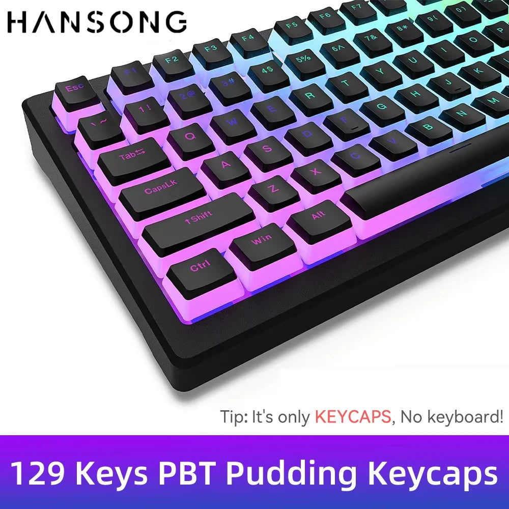 129Keys Pudding Keycaps PBT Double Shot Keycaps for 60 80 100% Layout OEM Profile for RGB Mechanical Gaming Translucent Keyboard
