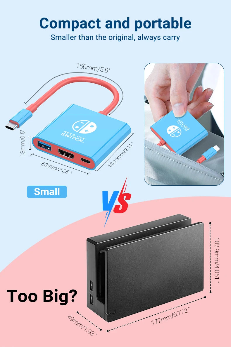Portable Switch Docking Station TYPE-C Hub with HDMI and USB 3.0 Perfect for Travel and Gaming