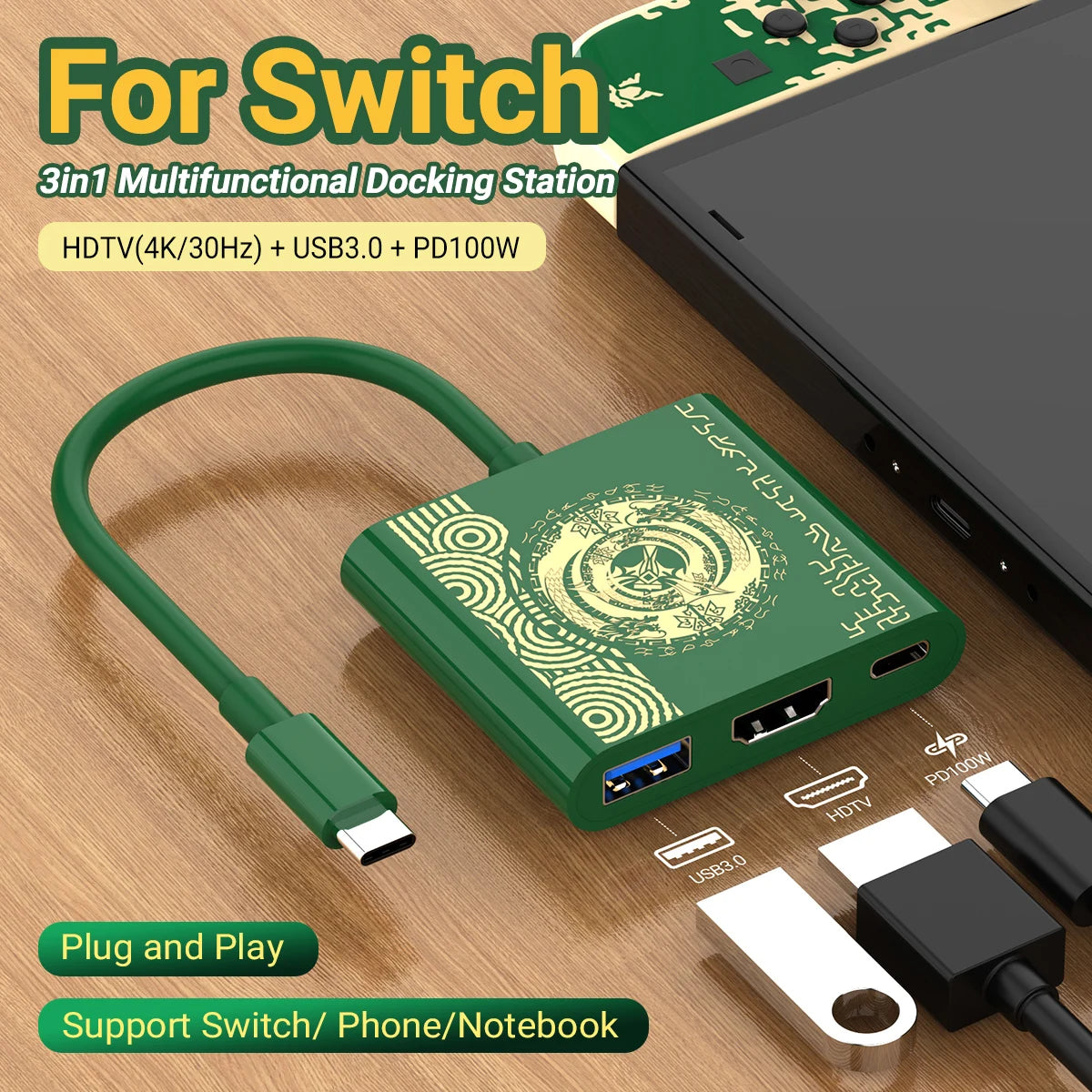 Portable Switch Docking Station TYPE-C Hub with HDMI and USB 3.0 Perfect for Travel and Gaming