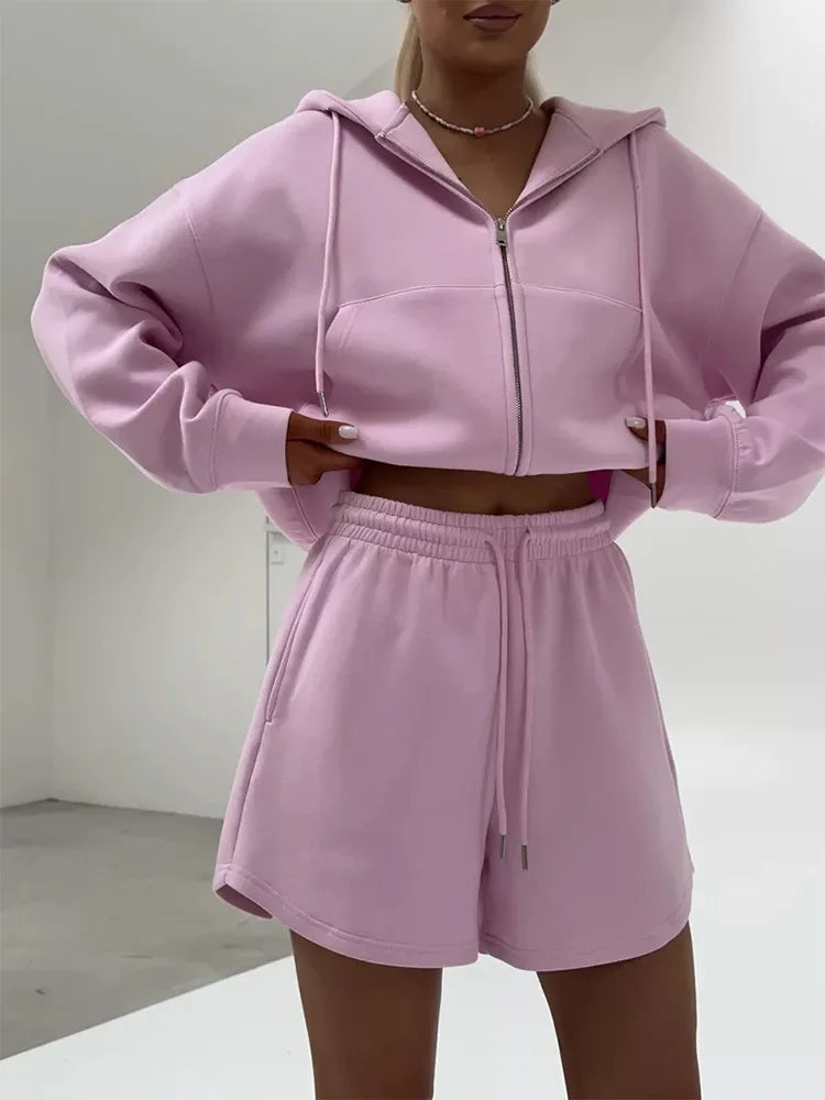 Spring Women's Suit with Shorts Cotton Oversize Pink Top and Shorts Set Two-piece Casual Tracksuit with Shorts for Women 2-Pcs