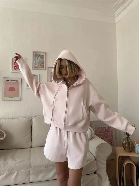 Spring Women's Suit with Shorts Cotton Oversize Pink Top and Shorts Set Two-piece Casual Tracksuit with Shorts for Women 2-Pcs