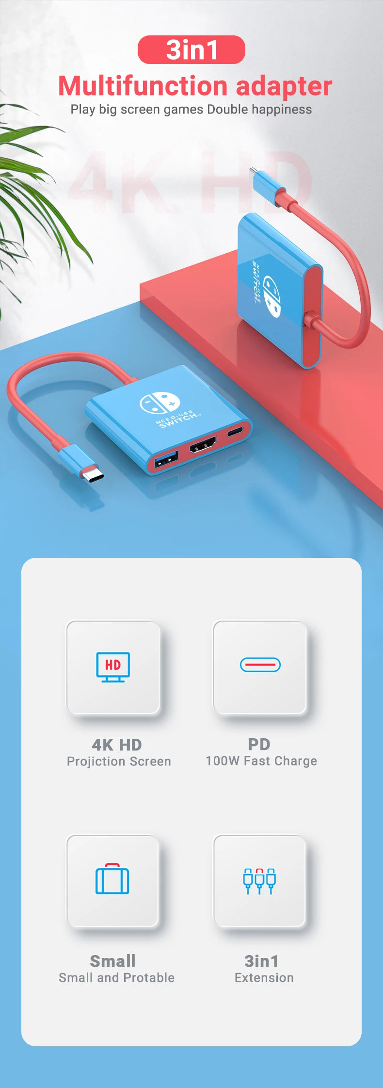 Portable Switch Docking Station TYPE-C Hub with HDMI and USB 3.0 Perfect for Travel and Gaming