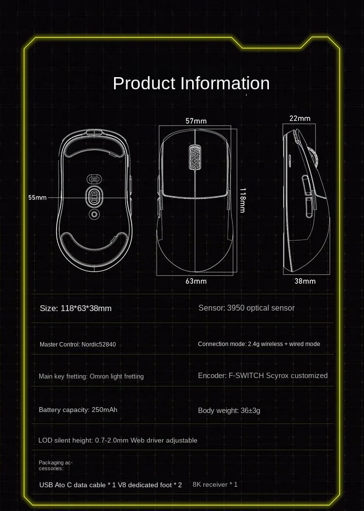 SCYROX V8 Gaming Mouse PAW3950 Nordic52840 DPI 2.4G Wireless 750IPS 30K Lightweight 36±3g S/M Size with 8K Receiver Web Drive