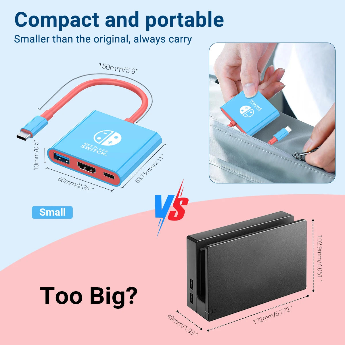 Portable Switch Docking Station TYPE-C Hub with HDMI and USB 3.0 Perfect for Travel and Gaming
