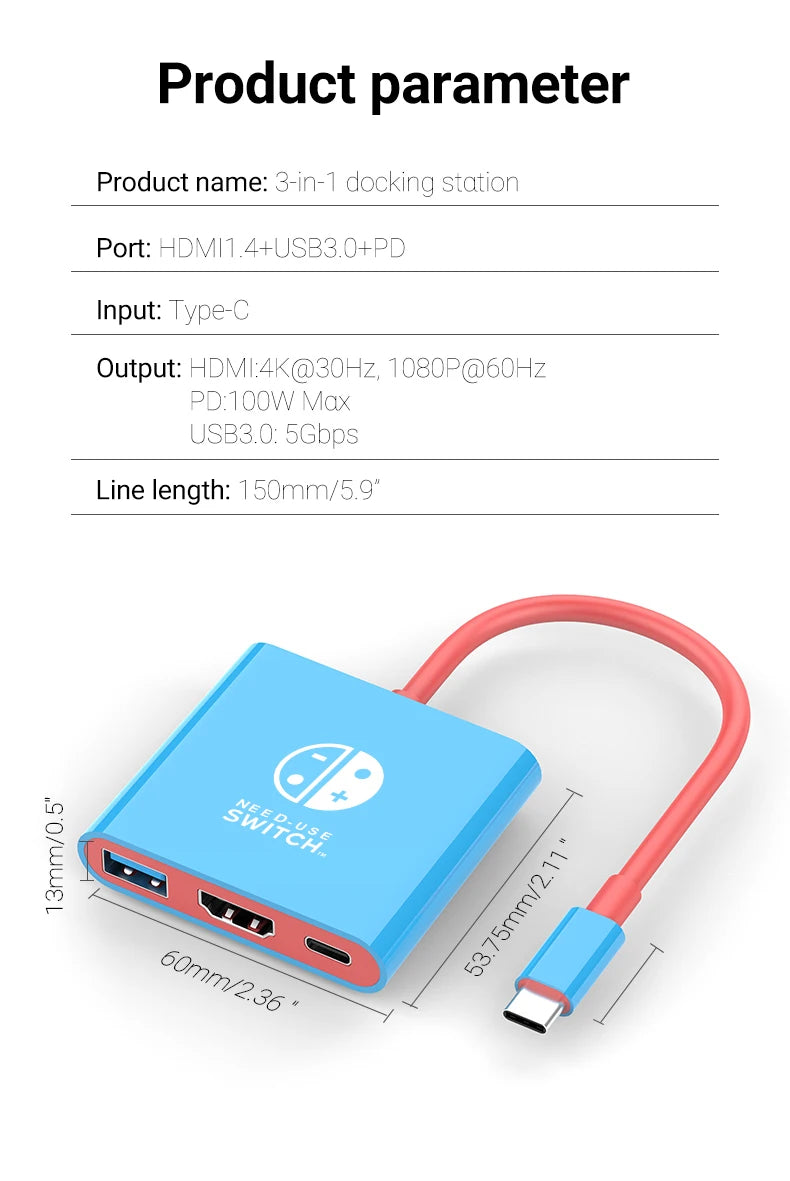 Portable Switch Docking Station TYPE-C Hub with HDMI and USB 3.0 Perfect for Travel and Gaming