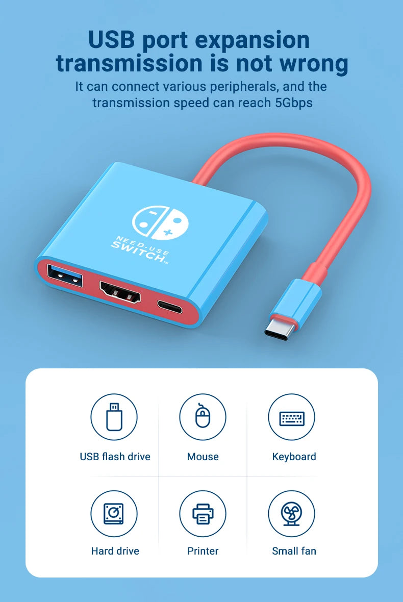 Portable Switch Docking Station TYPE-C Hub with HDMI and USB 3.0 Perfect for Travel and Gaming