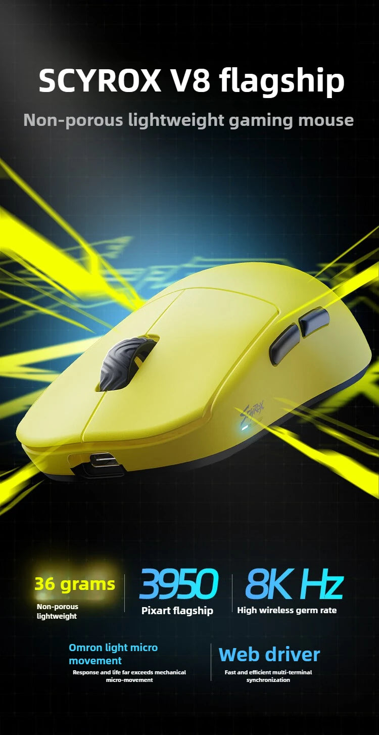 SCYROX V8 Gaming Mouse PAW3950 Nordic52840 DPI 2.4G Wireless 750IPS 30K Lightweight 36±3g S/M Size with 8K Receiver Web Drive