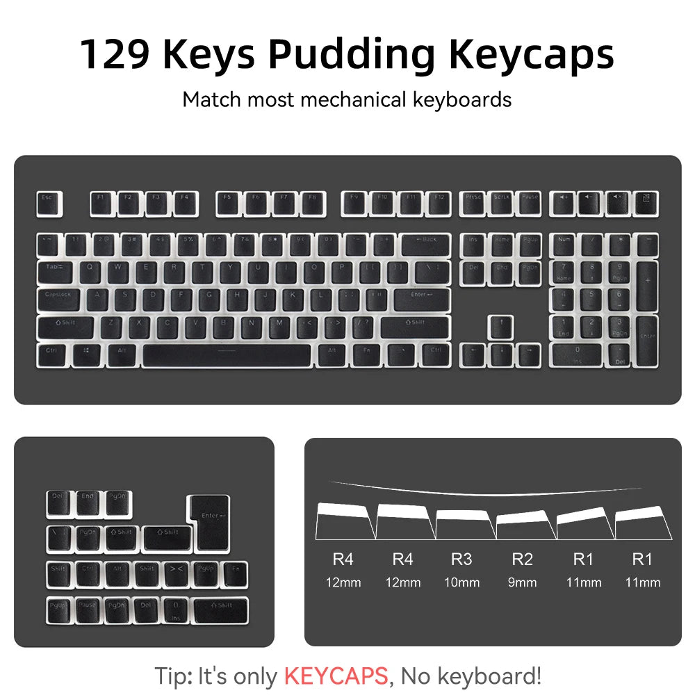 129Keys Pudding Keycaps PBT Double Shot Keycaps for 60 80 100% Layout OEM Profile for RGB Mechanical Gaming Translucent Keyboard