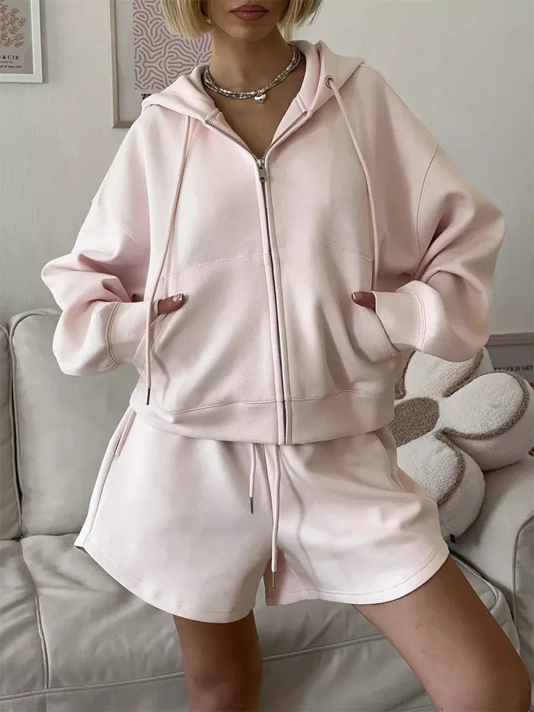 Spring Women's Suit with Shorts Cotton Oversize Pink Top and Shorts Set Two-piece Casual Tracksuit with Shorts for Women 2-Pcs